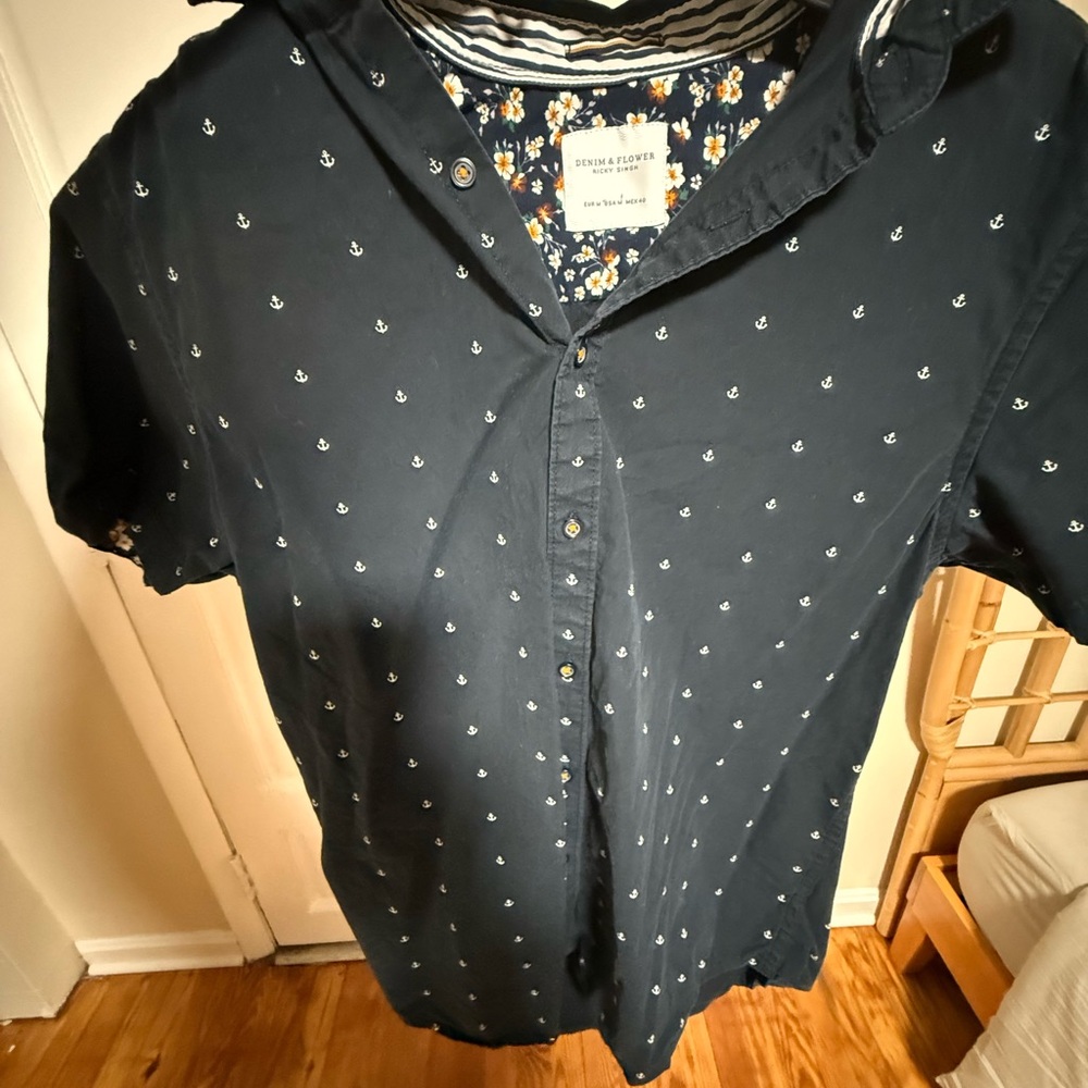 Men’s denim and flower Navy Anchor Print Shirt